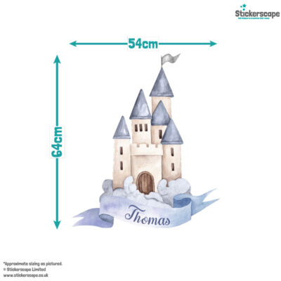 personalised blue fairy castle wall sticker, stickers shown on a white background