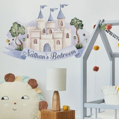 personalised blue fairy castle wall sticker, stickers shown on a white background