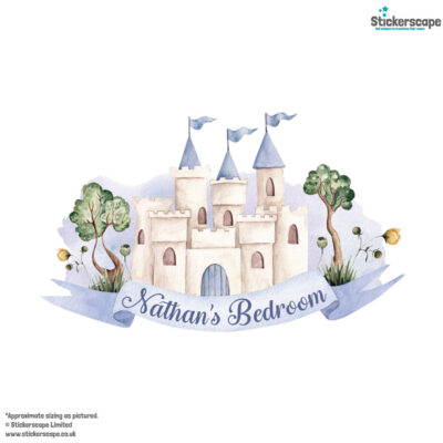 personalised blue fairy castle wall sticker, stickers shown on a white background