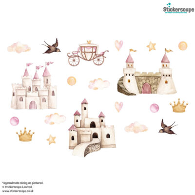 pink fairy castle stickaround wall sticker, stickers shown on a white background