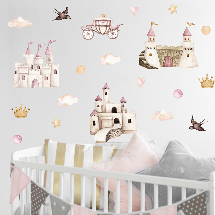 pink fairy castle stickaround wall sticker, stickers shown on a white background