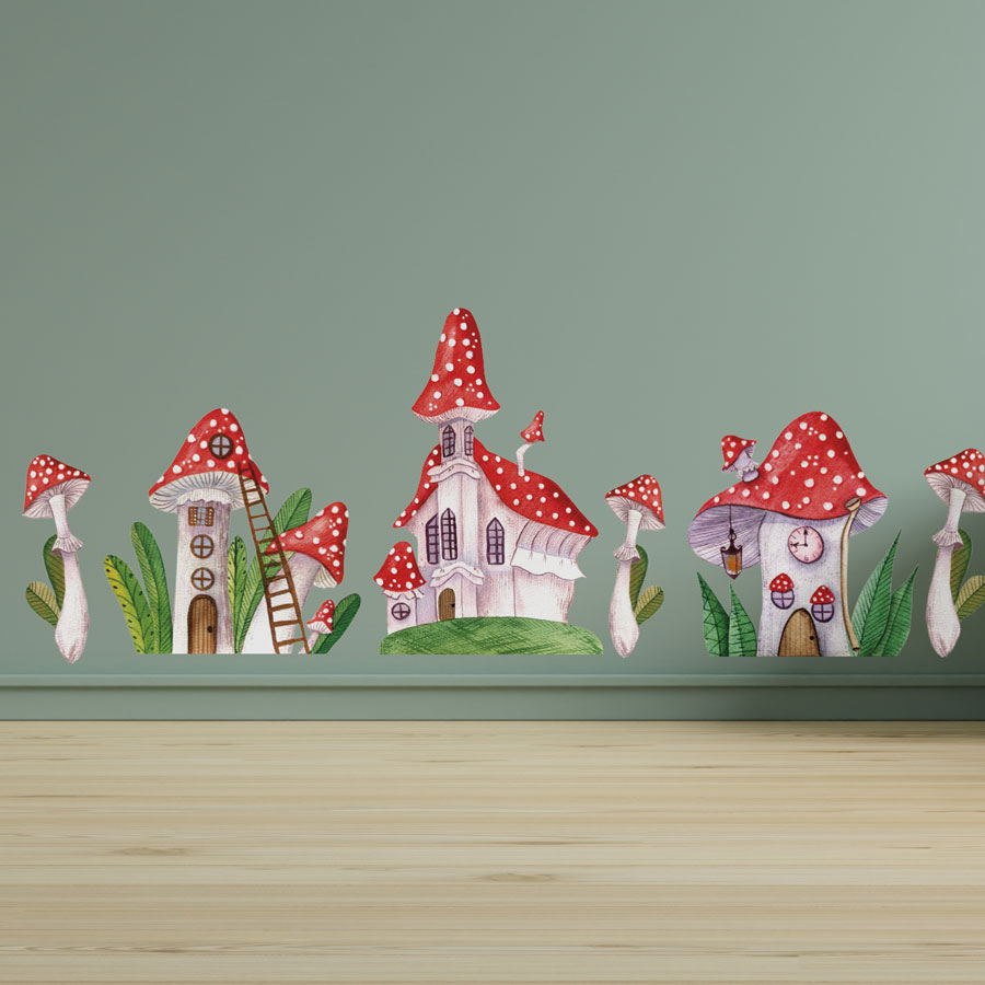 fairy mushroom houses wall sticker, stickers shown on a white background