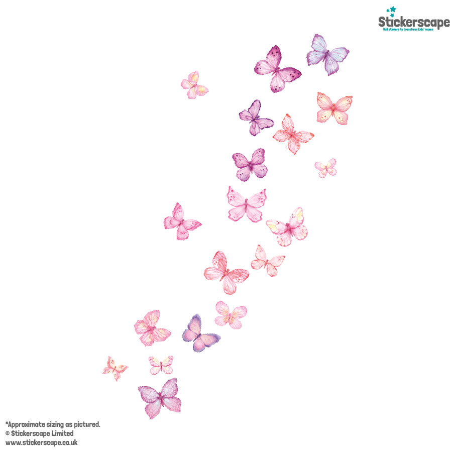 pink butterflies wall sticker, stickers shown on a white background