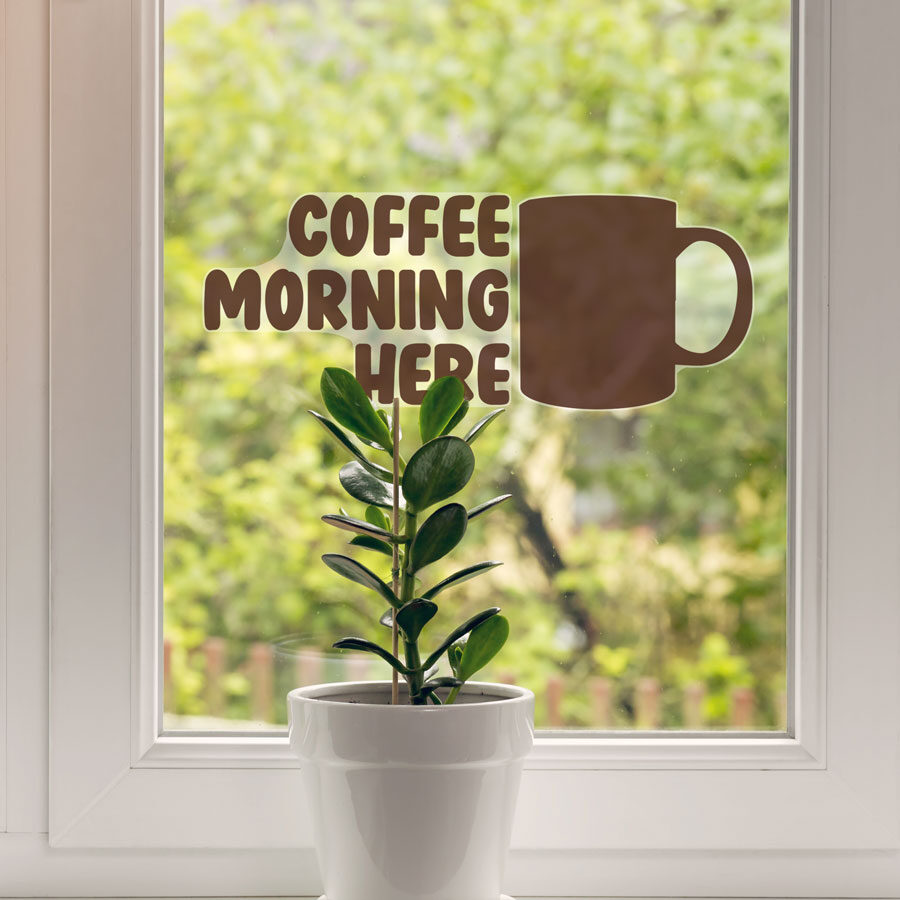 coffee morning sticker for charity events on a window