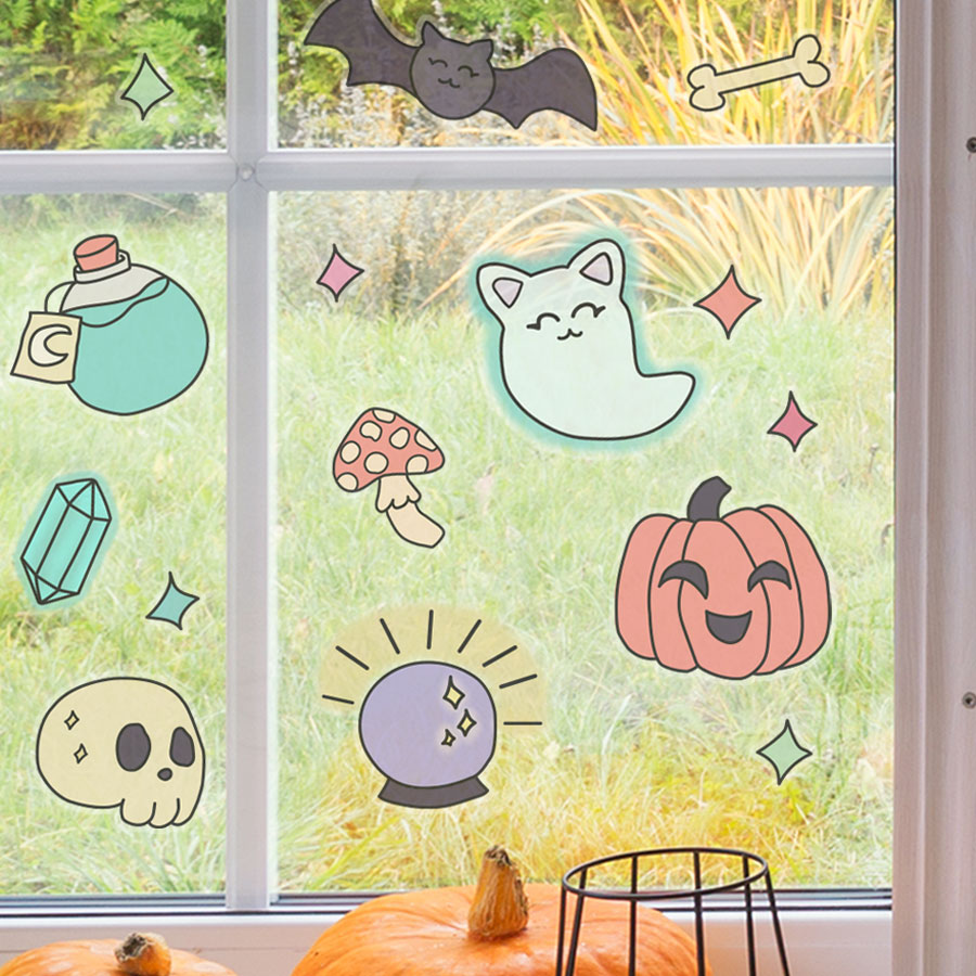 spooky doodle halloween window stickers shown on a window