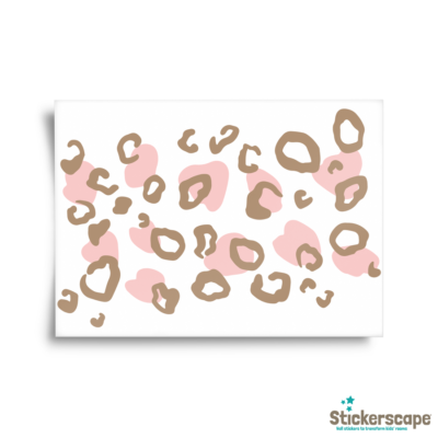 Two tone leopard print wall sticker tile in brown and pink shown on the sheet