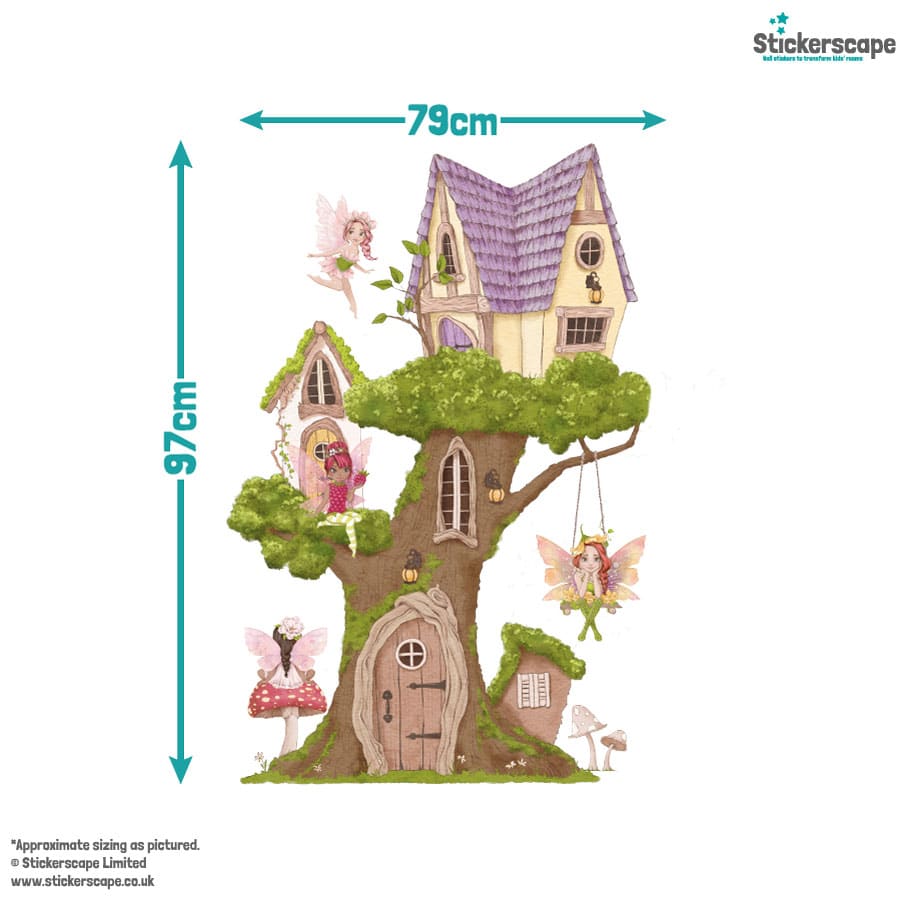 fairy tree house wall sticker shown on a white background and showing the height of the tree house