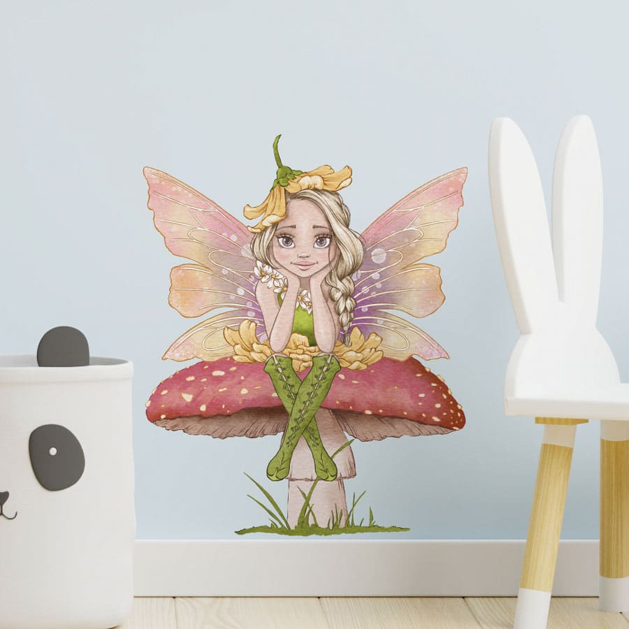 toadstool fairies wall stickers, option one front view shown on a blue wall