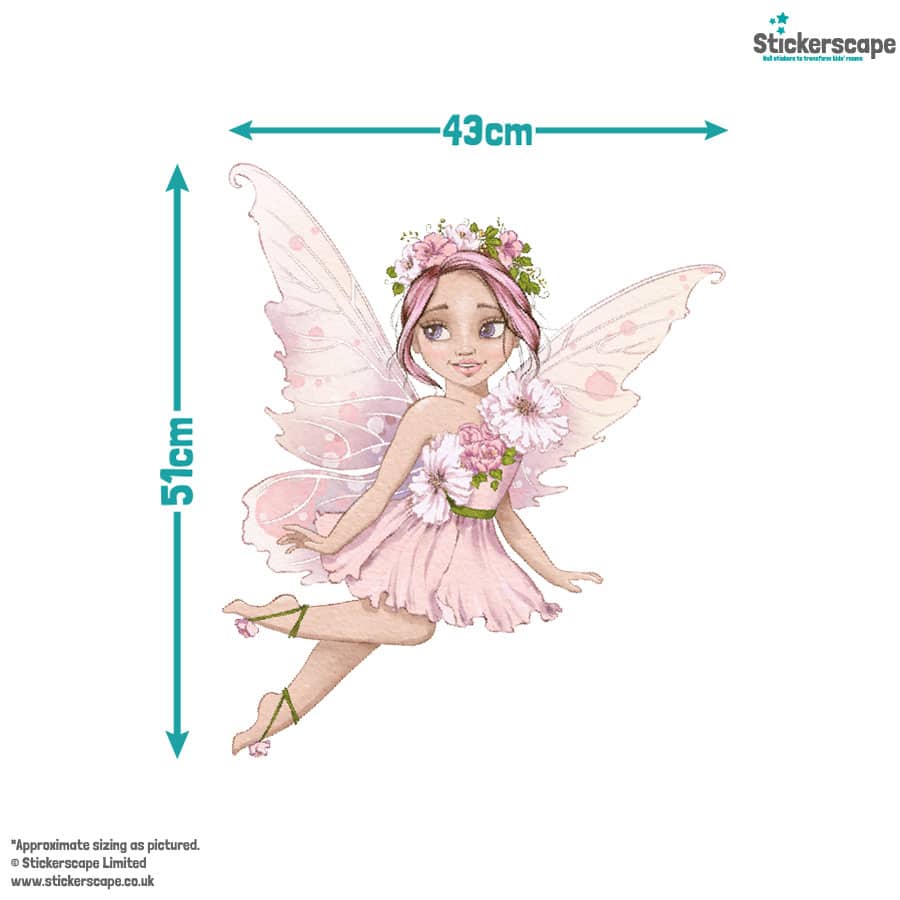 personalised flower fairy wall stickers in option 1 shown on a white background with measurements