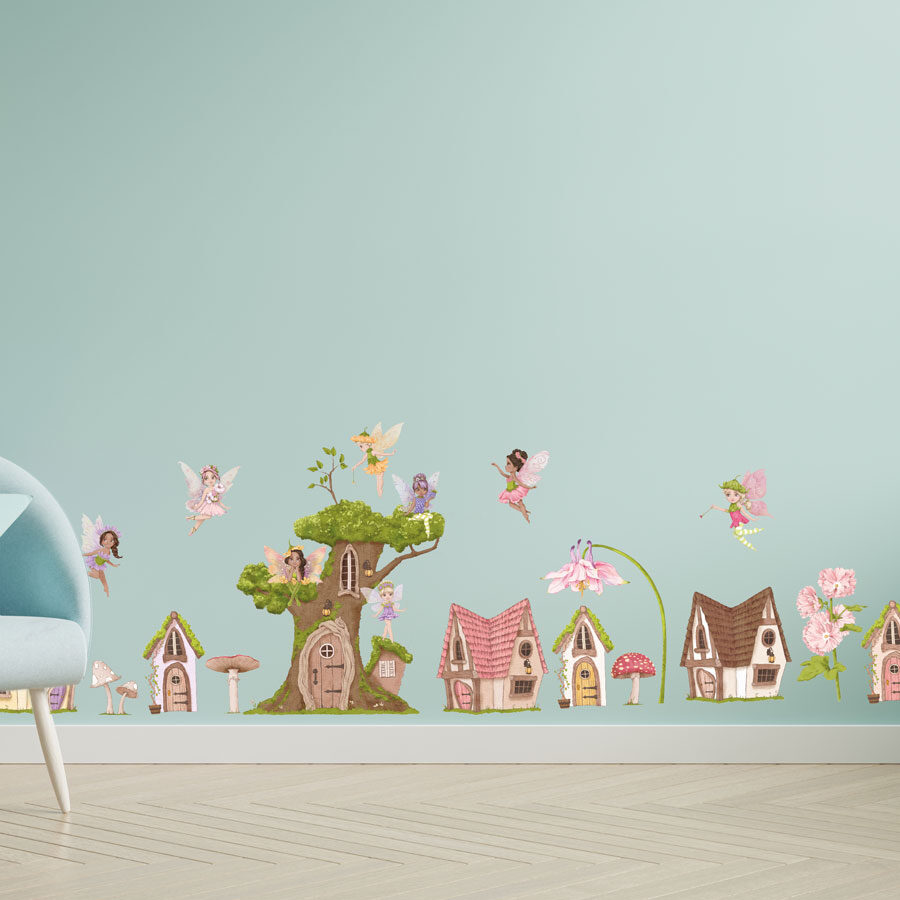 fairy village wall sticker pack shown on a blue wall