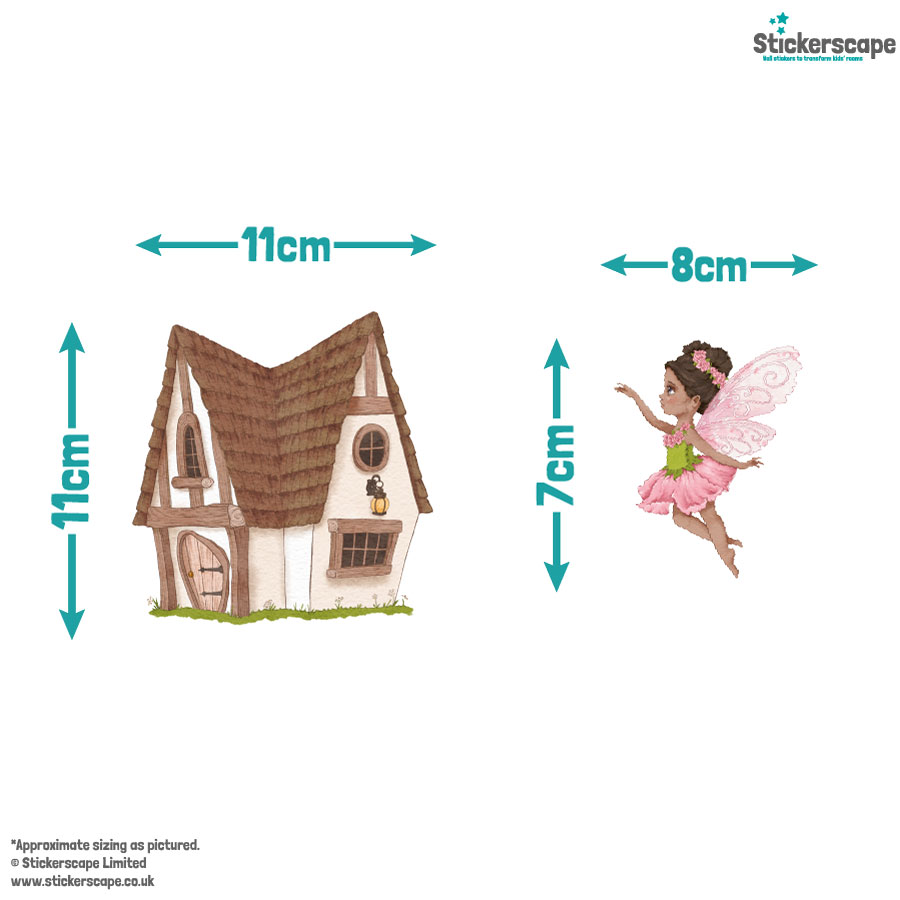 fairy village wall sticker pack shown on a white background with measurements for a house and a fairy