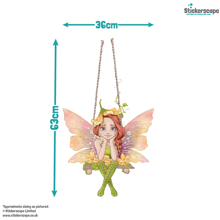 fairy swing wall sticker shown on a white background with measurements
