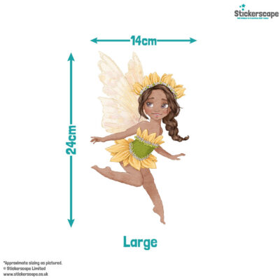 Whimsical fairies wall sticker pack in large shown on white background with measurements