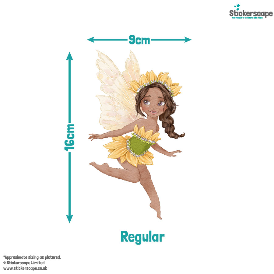 Whimsical fairies wall sticker pack in regular shown on white background with measurements