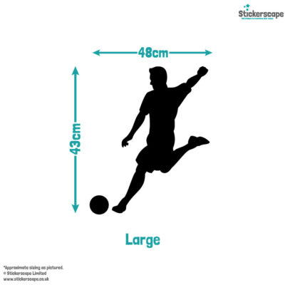Football silhouette window sticker pack size guide showing large at 48cm by 43cm
