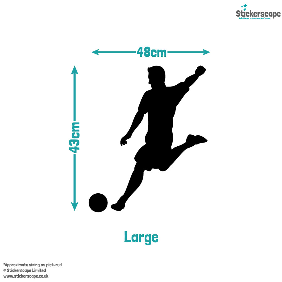 Football silhouette window sticker pack size guide showing large at 48cm by 43cm