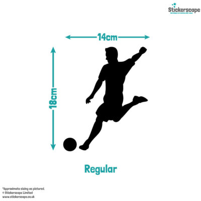 Football silhouette window sticker pack size guide showing regular at 14cm by 18cm