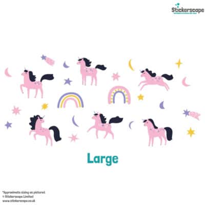 purple & pink unicorn wall sticker pack in large shown on a white background