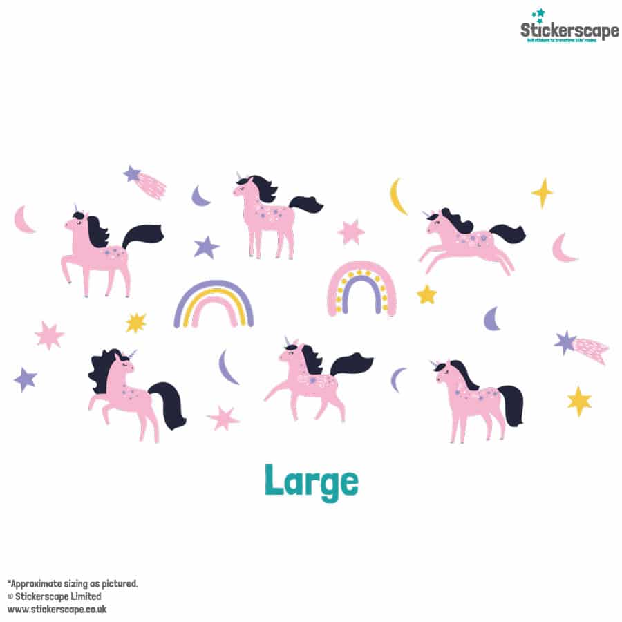 purple & pink unicorn wall sticker pack in large shown on a white background