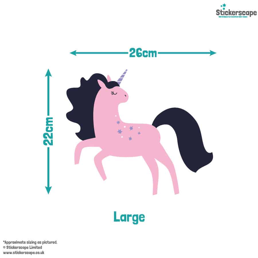 purple & pink unicorn wall sticker pack in large shown on a white background with the size guide of one unicorn