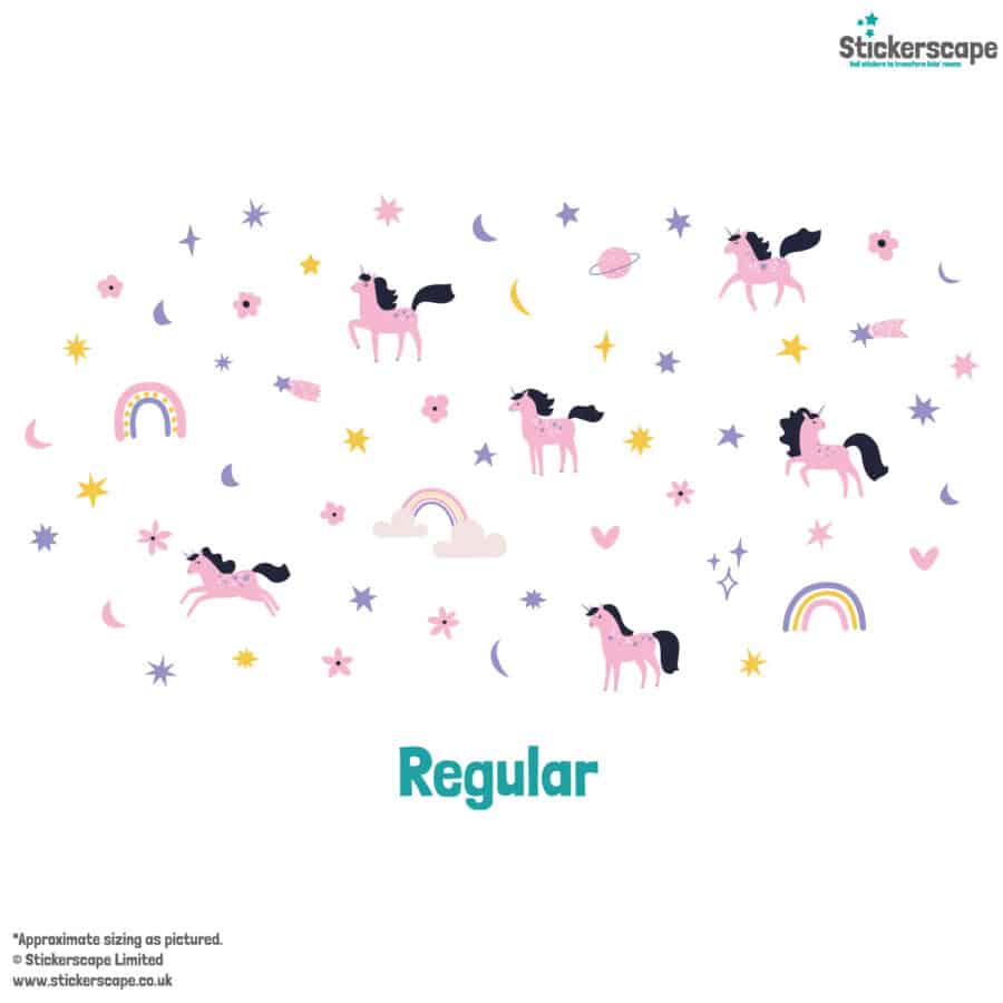 purple & pink unicorn wall sticker pack in regular shown on a white background