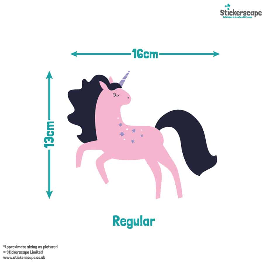 purple & pink unicorn wall sticker pack in regular shown on a white background with the size guide of one unicorn