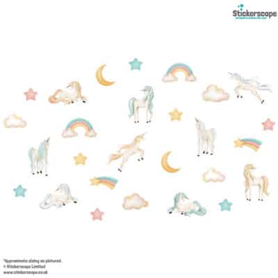 pastel watercolour unicorn wall sticker pack shown on a white background