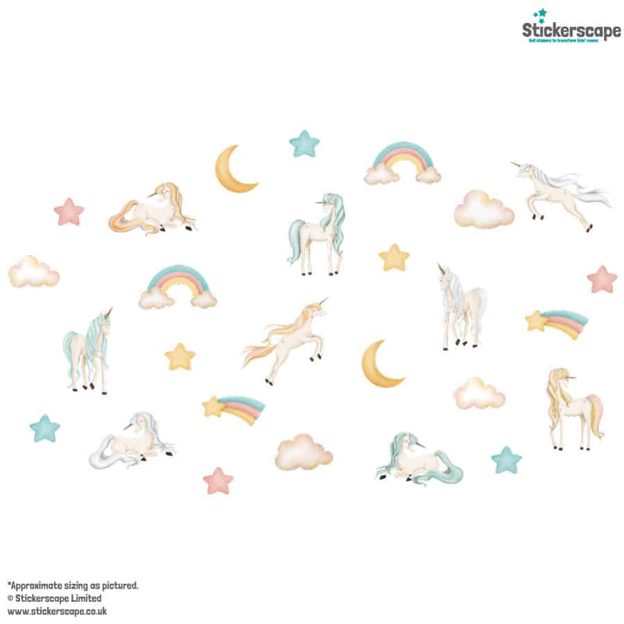 pastel watercolour unicorn wall sticker pack shown on a white background