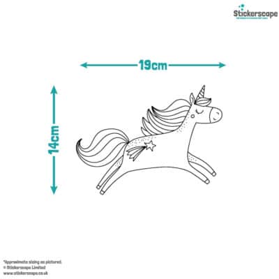 Colour-in Unicorn Wall Sticker Pack, single unicorn size guide shown on a white background