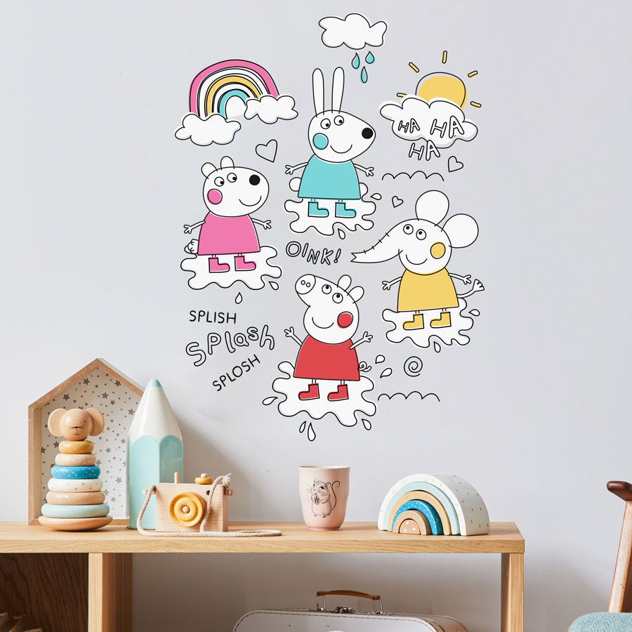 peppa & friends colourful puddles wall sticker shown on a light grey wall above a wooden desk