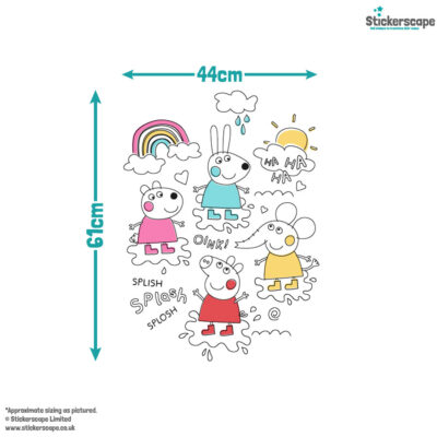 peppa & friends colourful puddles wall sticker size guide