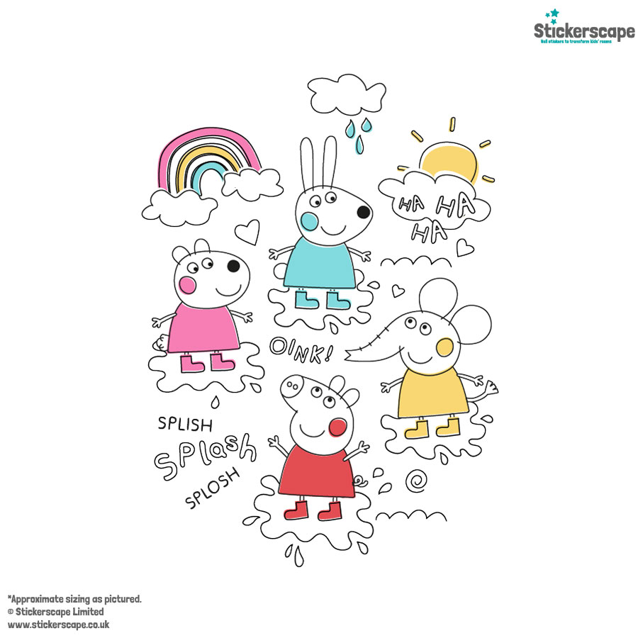 peppa & friends colourful puddles wall sticker shown on a white background