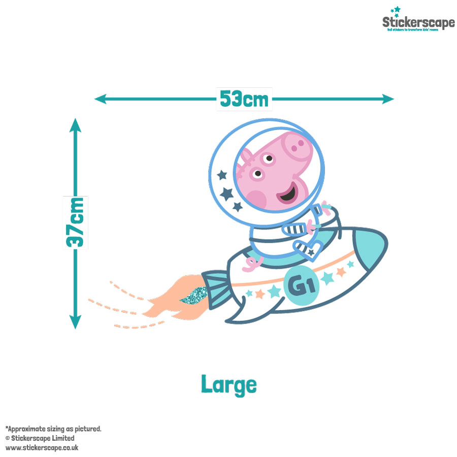personalised george in space wall stickers shown on a light grey wall large size guide