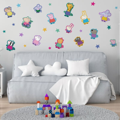 Peppa & friends wall sticker pack shown on a grey wall behind a grey bed