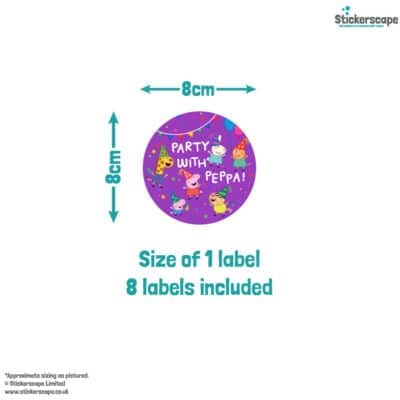 Peppa pig party bag label pack in purple size guide of one label