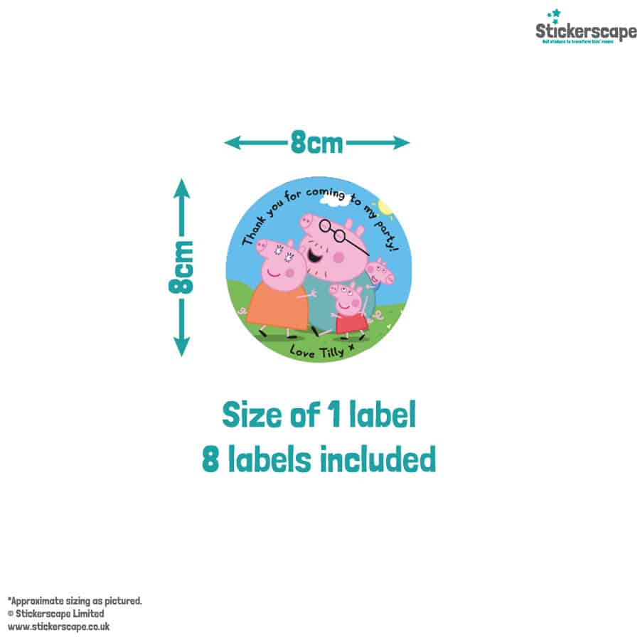 personalised peppa pig party label pack shown size guide of one label