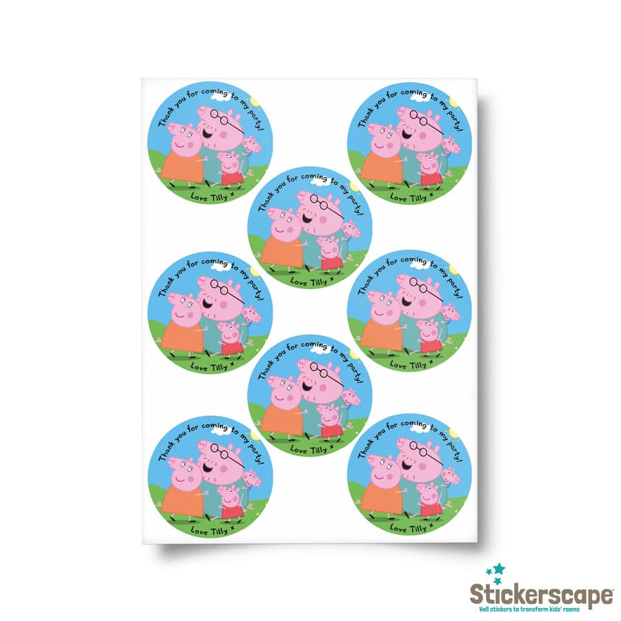 personalised peppa pig party label pack shown on a white background