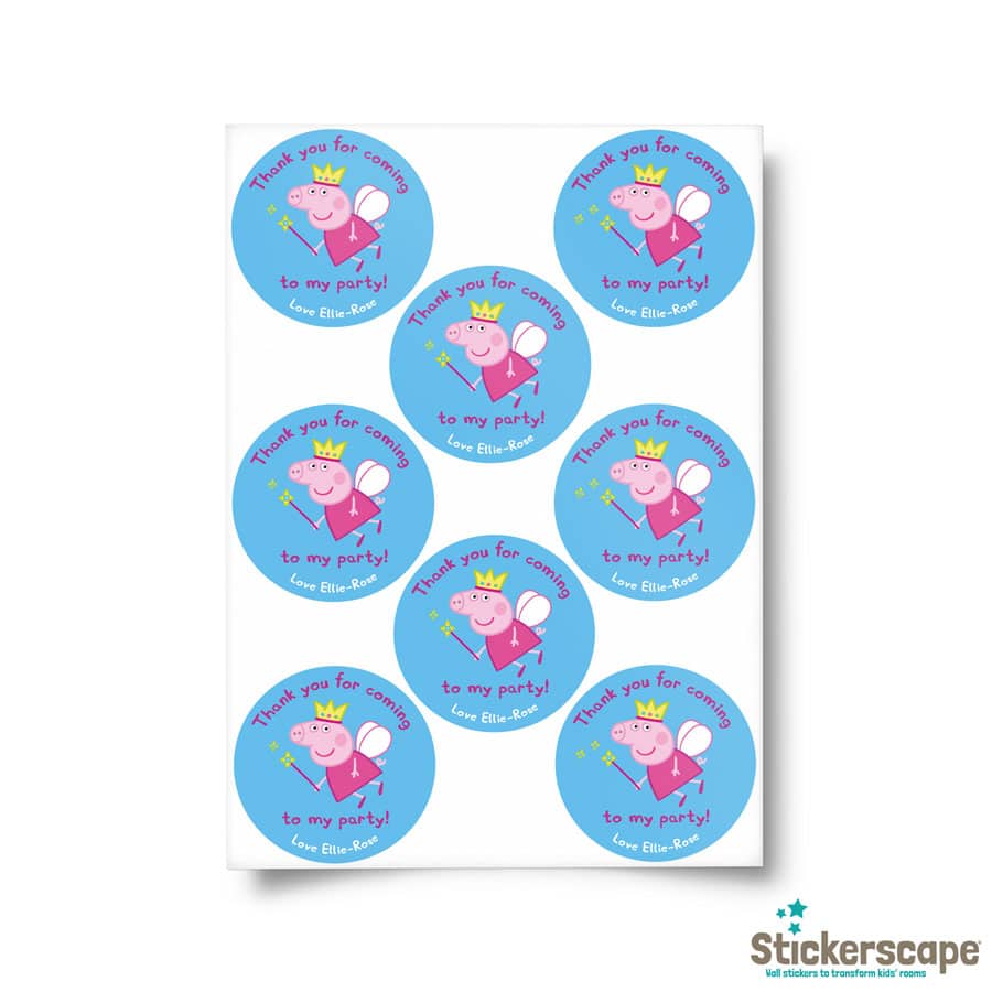 personalised fairy peppa party label pack shown on a white background