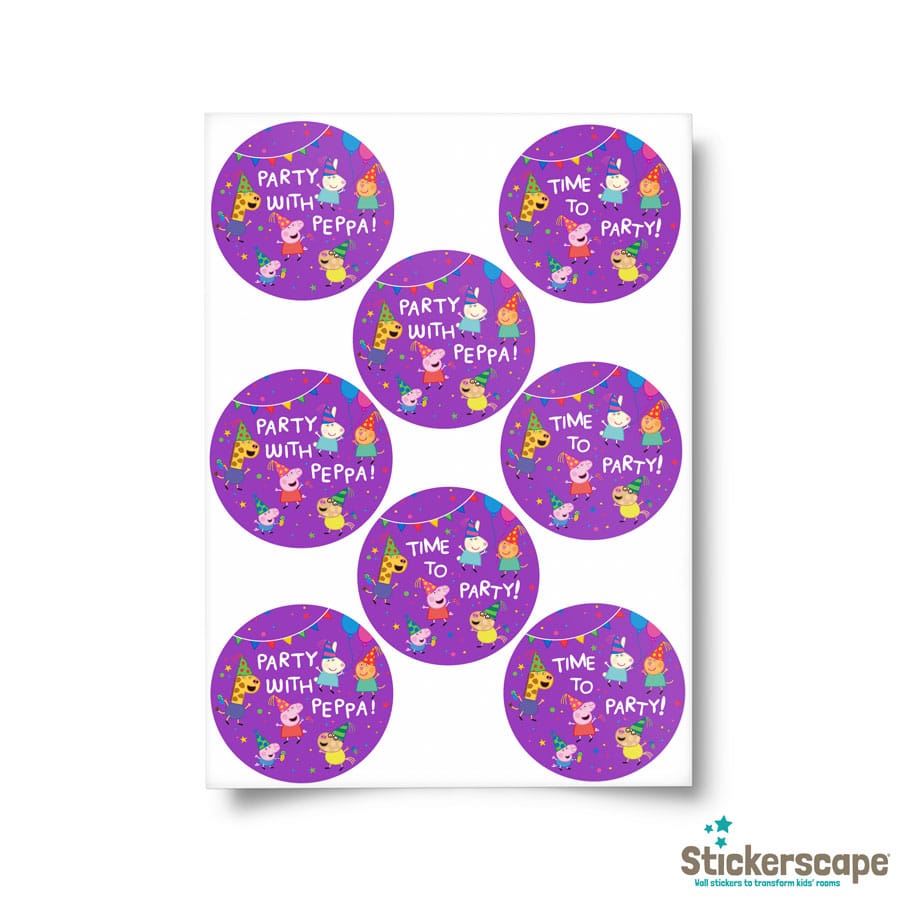 Peppa pig party bag label pack in purple shown on a white background