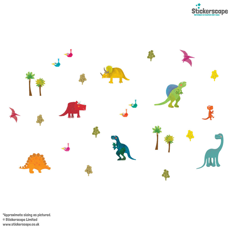 friendly dinosaurs wall sticker pack shown on a white background