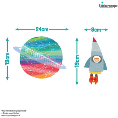 space adventure wall sticker pack size guide of planet and spaceship