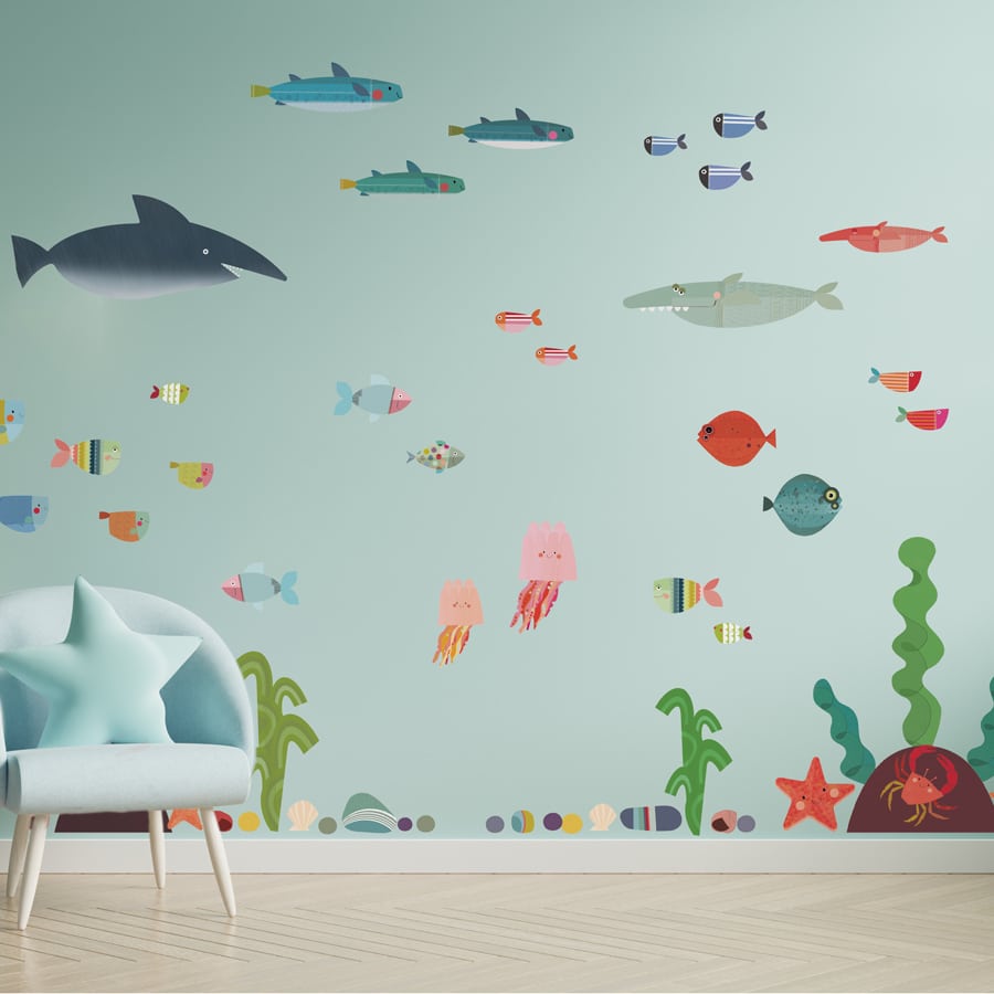 underwater wall sticker pack large shown on a blue wall