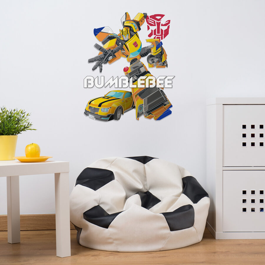 Transformers Wall Stickers Option 2 Bumblebee shown on a white wall behind a bean bag chair