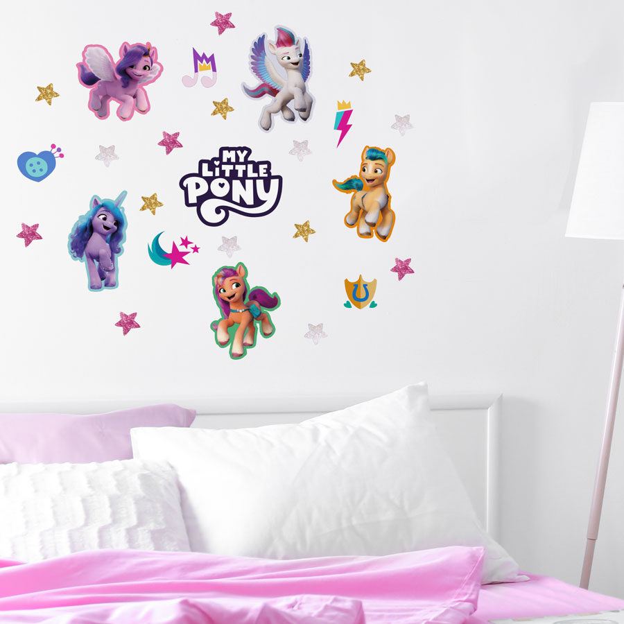 My Little Pony glitter wall sticker pack shown on a white wall above a pink and white bed