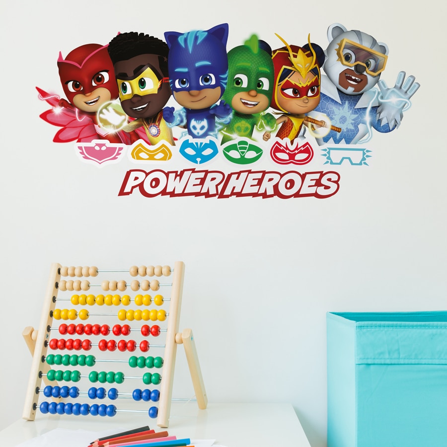 power heroes wall sticker shown on a white wall behind a rainbow abacus