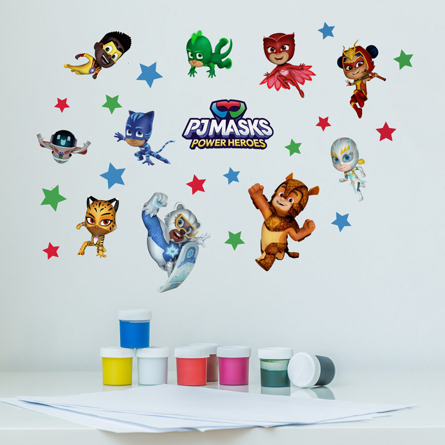 power heroes wall sticker pack shown on a white wall above a table with paints
