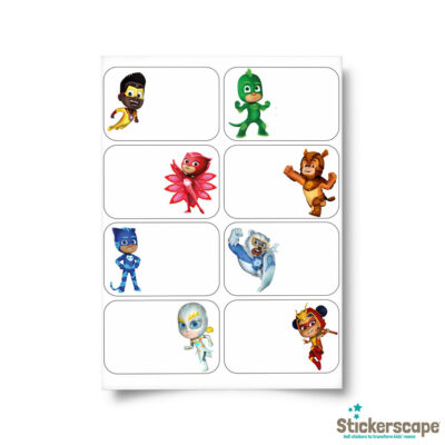 PJ Masks birthday label pack option 2 sheet shown on a white background