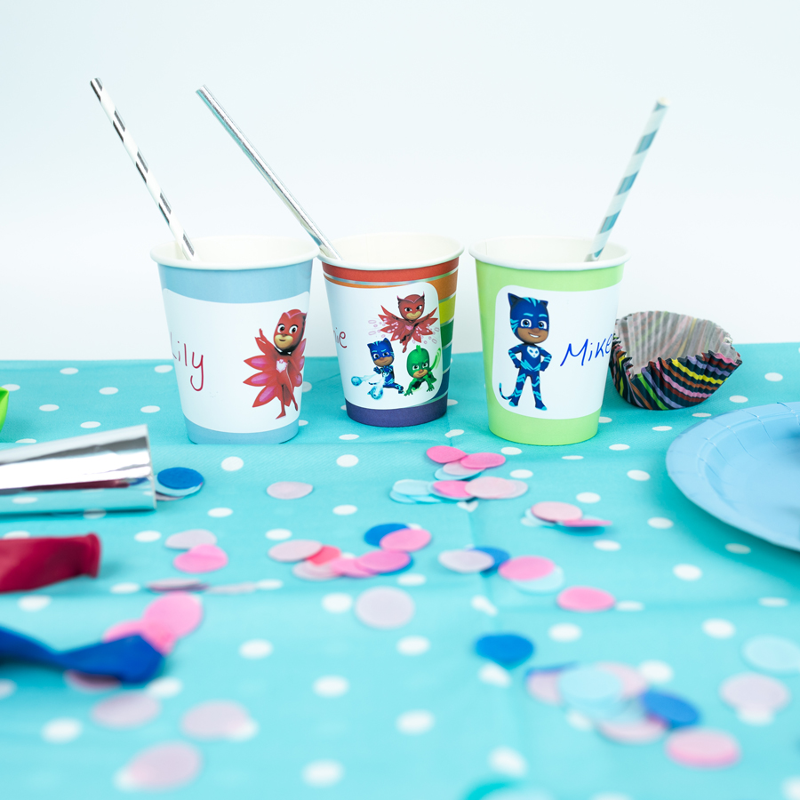 PJ Masks birthday label pack option 1 shown stuck to paper cups