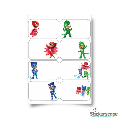 PJ Masks birthday label pack option 1 sheet shown on a white background