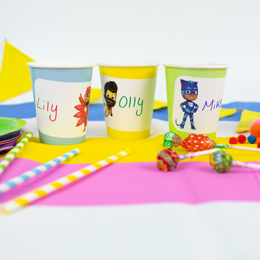 PJ Masks birthday label pack option 2 labels stuck to paper cups